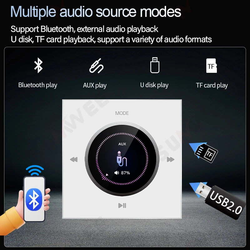 Amplificador de pared Bluetooth, Mini reproductor de música táctil con llave montada en la pared, Radio FM integrada, sistema de Audio inteligente para el hogar con altavoz de techo - imagen 2