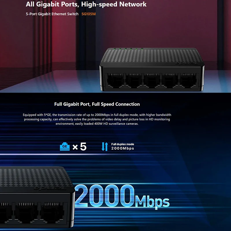 Tenda SG105M, todas las puertos Gigabit, red de alta velocidad, conmutador Ethernet de 5 puertos, concentrador Lan rápido de 1000Mbps, Plug and Play completo/medio dúplex - imagen 3