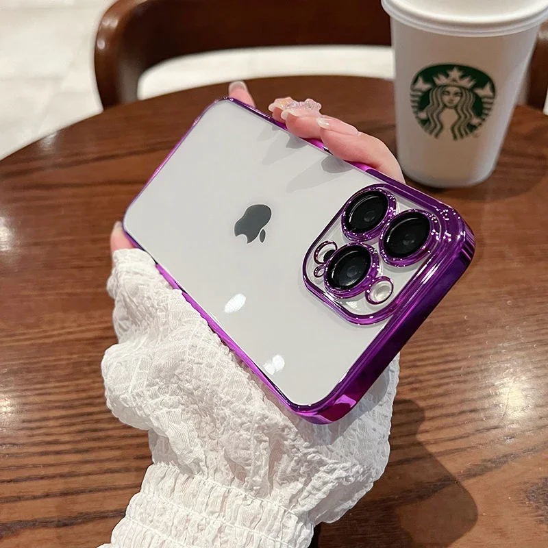 Funda transparente de silicona con marco chapado de lujo para iPhone 15 14 13 11 12 Pro Max Mini XR X XS Max 8 7 Plus SE 2020 funda púrpura - imagen 5