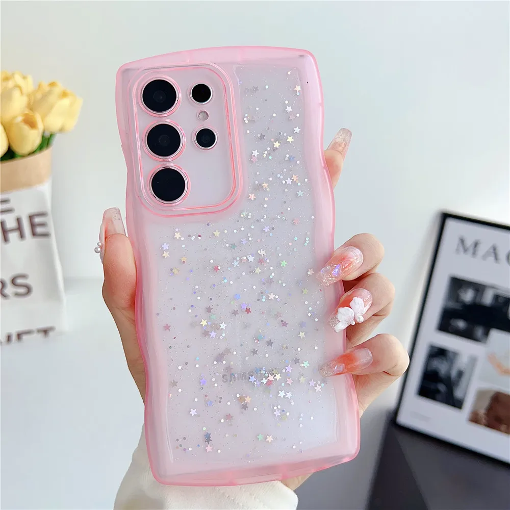 S24 Ultra Glitter estrellas lentejuelas borde ondulado funda transparente para Samsung Galaxy S24 S23 S22 S21 S20 Plus Ultra S20FE Note 20 funda suave - imagen 5