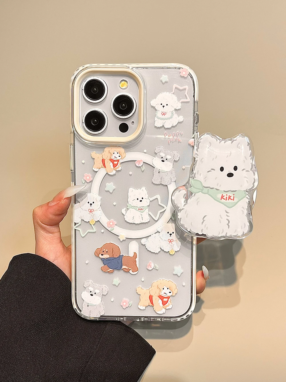 Lindo soporte magnético de Corea Tok dibujos animados cachorros animales fundas de teléfono para IPhone 16 15 14 13 Pro Max encantador perro funda trasera suave - imagen 3