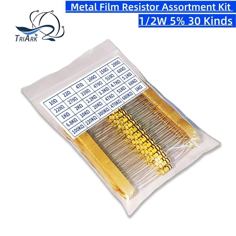 600 unids/set 30 tipos 1/2W 5% resistencia película metálica paquete de resistencias Kit surtido 10R 47R 100R 470R 680R 1K 10K 100K 1M resistencias