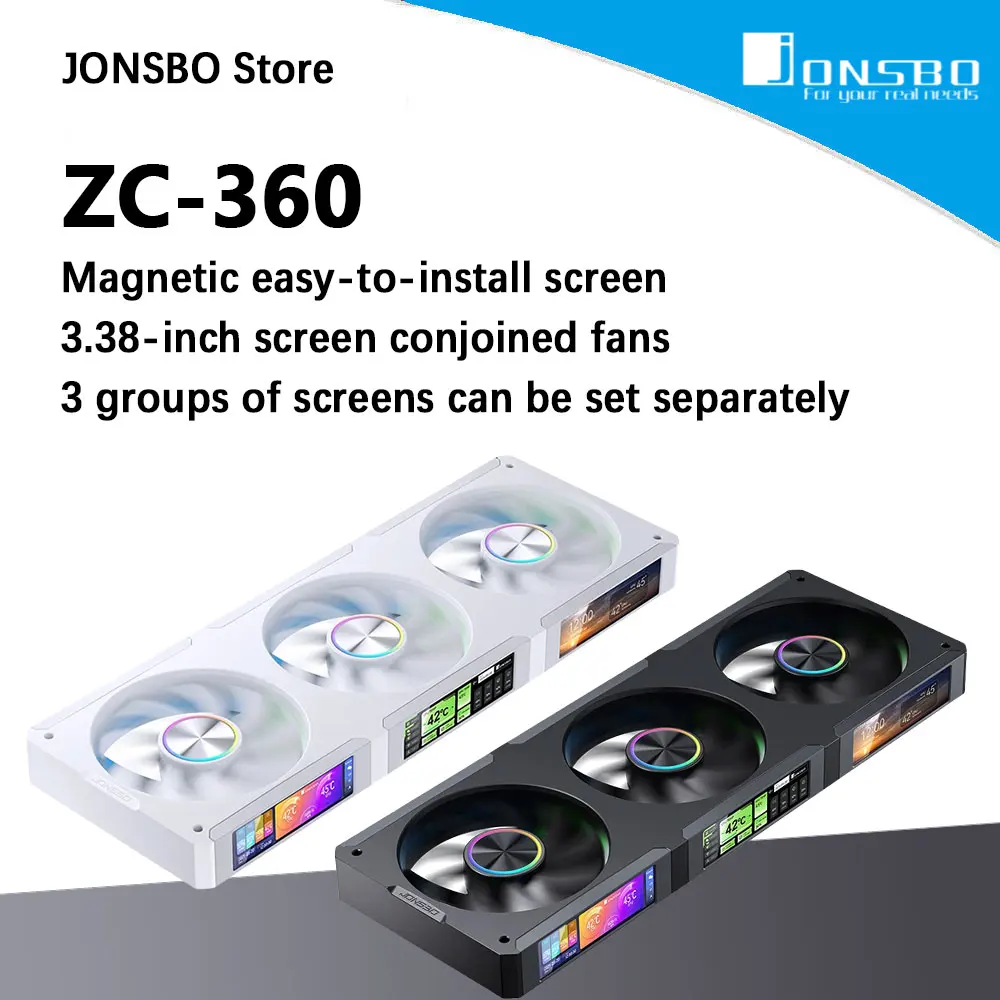 JONSBO ZC-360 ventilador con caja unida ventilador de pantalla de 3,38 pulgadas instalación de pantalla magnética 5V 3PIN ARGB/4PIN PWM rodamientos de bolas dobles