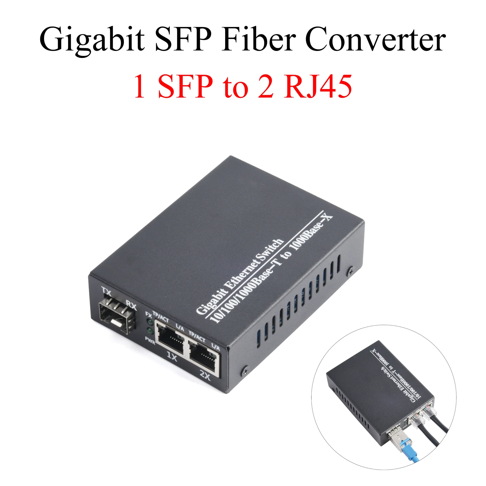 1 Uds. Convertidor de medios Gigabit SFP 1 SFP a 2 transceptor RJ45 10/100/1000M interruptor de fibra óptica con módulo LC/SC SFP de 3KM/20KM