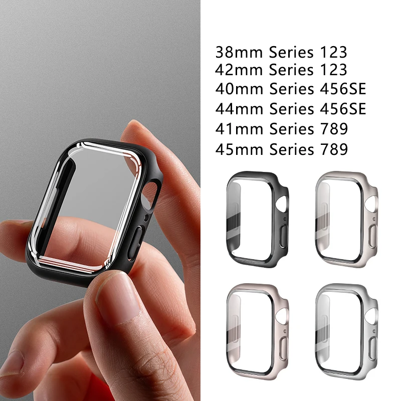 Vidrio templado + fundas para Apple Watch 44mm 45mm 41mm 40mm accesorios cubierta protectora de pantalla de PC iwatch Series 4/5/6/7/8/9/SE