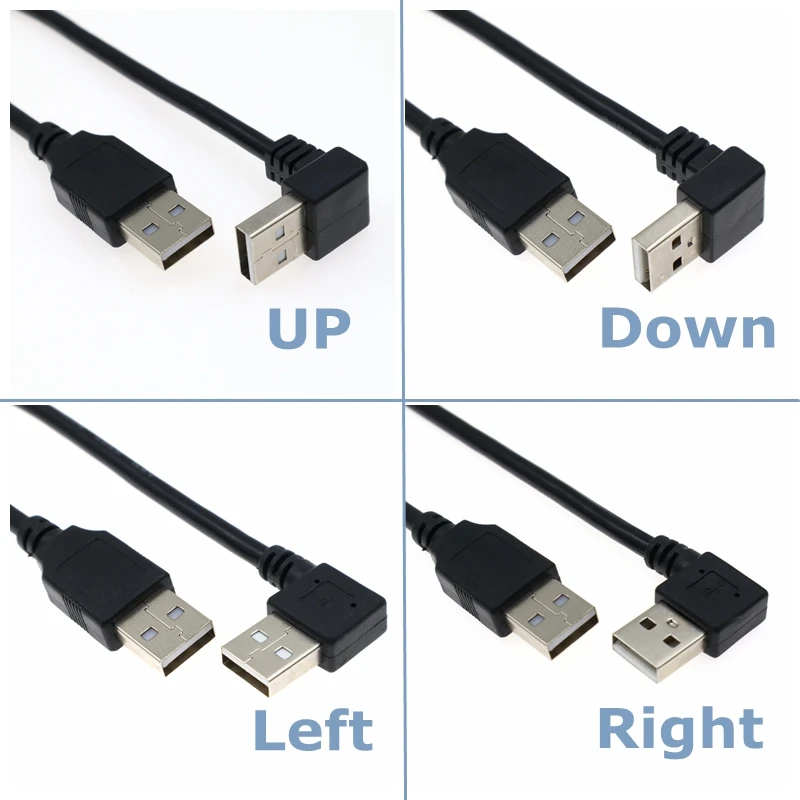 Cable de extensión de ordenador USB Dual 0,5 M 1M USB 2,0 tipo A macho a macho Cable de 90 grados Cable de datos negro de alta velocidad 480 Mbps