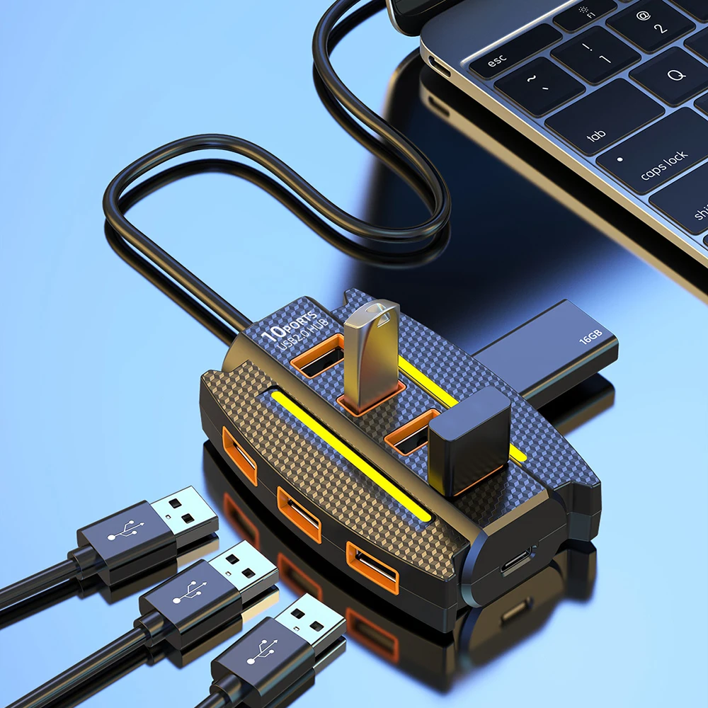 HUB USB con luz RGB, extensor divisor de Cable de 10 puertos, fuente de alimentación para ordenador portátil, convertidor de carga de teléfono, disco USB, ratón, teclado - imagen 4