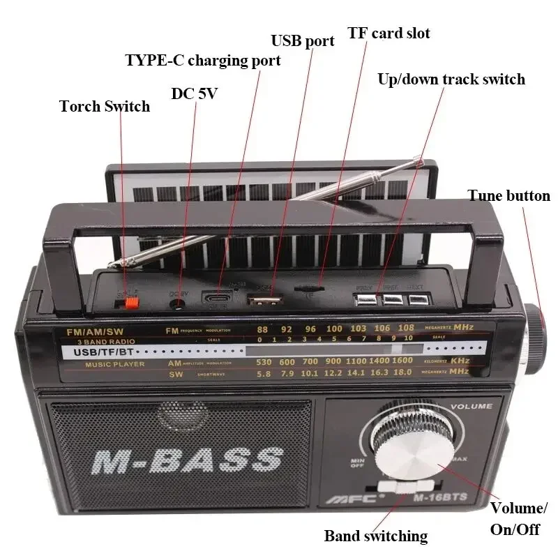 Altavoces Bluetooth multifuncionales recargables con Radio Vintage multibanda FM AM SW de alta calidad para exteriores, reproducción de música con tarjeta USB TF - imagen 5