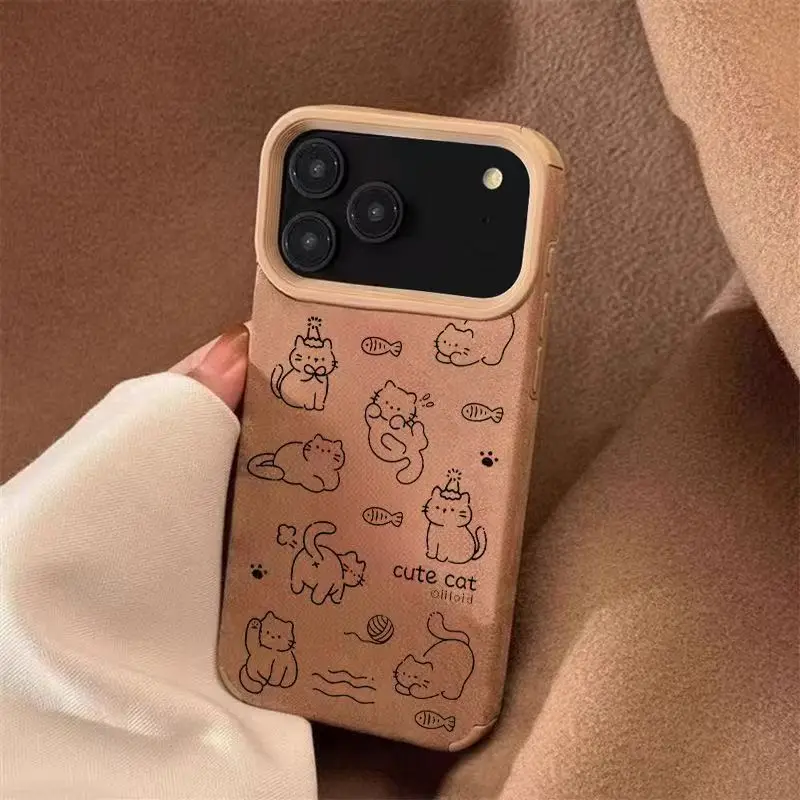 Para iPhone 17 16 15 14 13 12 11 Pro Max Air Funda Linda línea Patrón de gato Funda para iPhone XS X XR 16 Plus Funda suave de piel sintética - imagen 4
