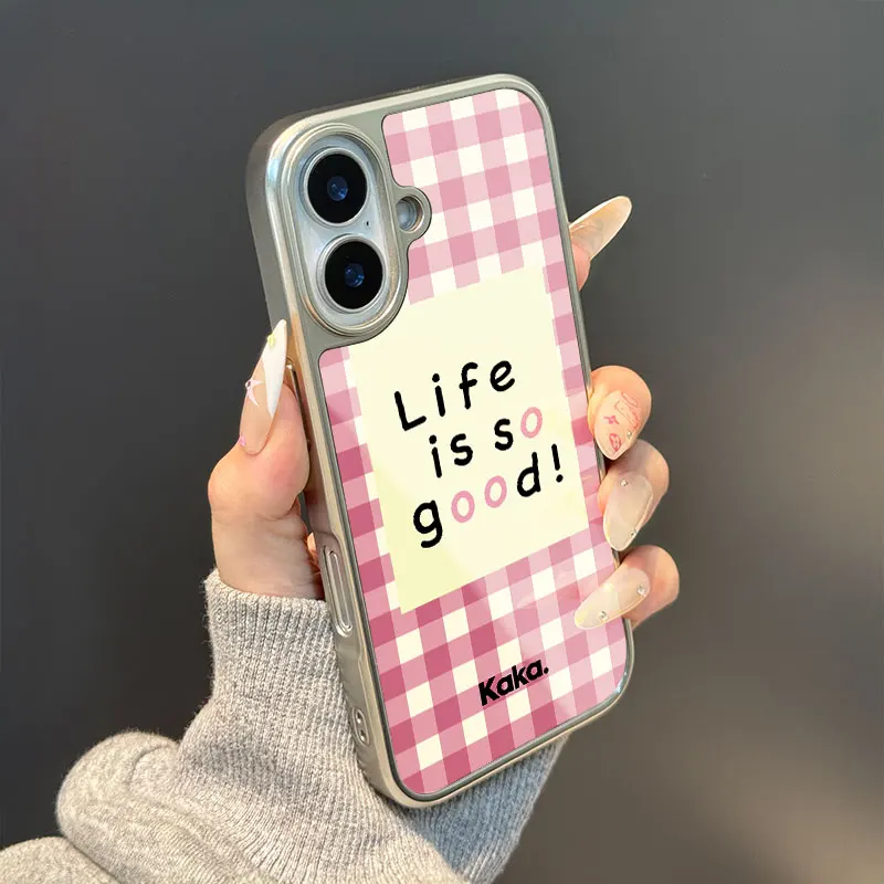 La vida es tan buena Funda de teléfono anticaída de TPU epoxi con borde plateado para iPhone XR/11/12/13/14/15/16/17 Pro Max