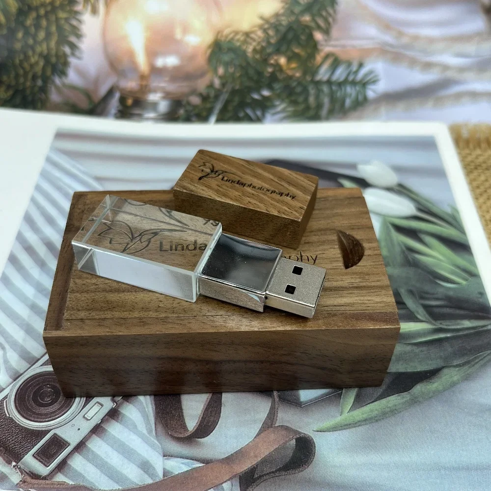 Unidad flash USB de madera cristalina 3,0 Pendrive 4GB 8GB 16GB 32GB 64GB 128GB Pen Drive regalo de boda productos con logotipo personalizado con caja - imagen 4