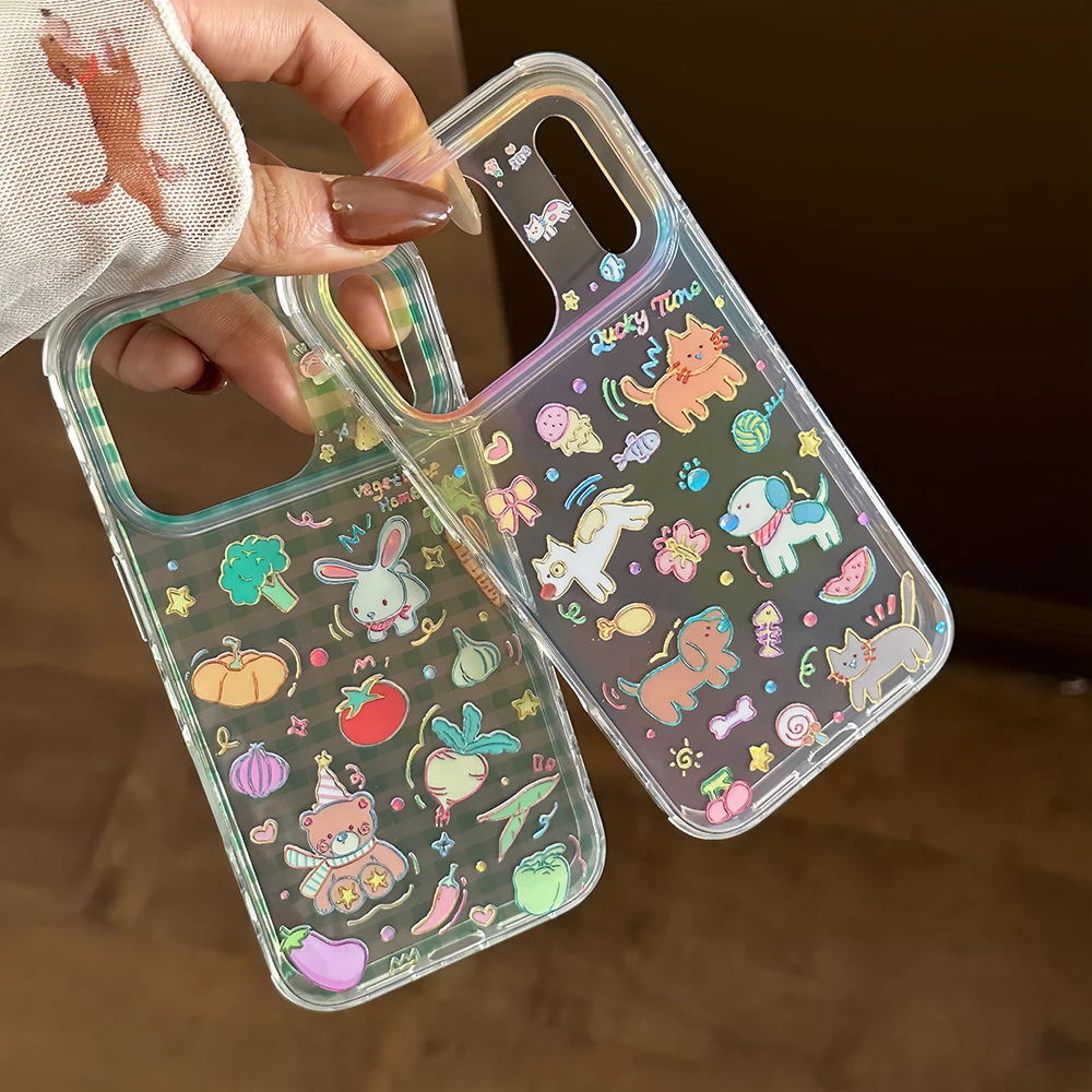 Funda de teléfono con purpurina láser de dibujos animados con diseño de rejilla verde de animales bonitos para iPhone 13 14 16 15 17 Pro 17ProMax cubierta transparente a prueba de golpes - imagen 4