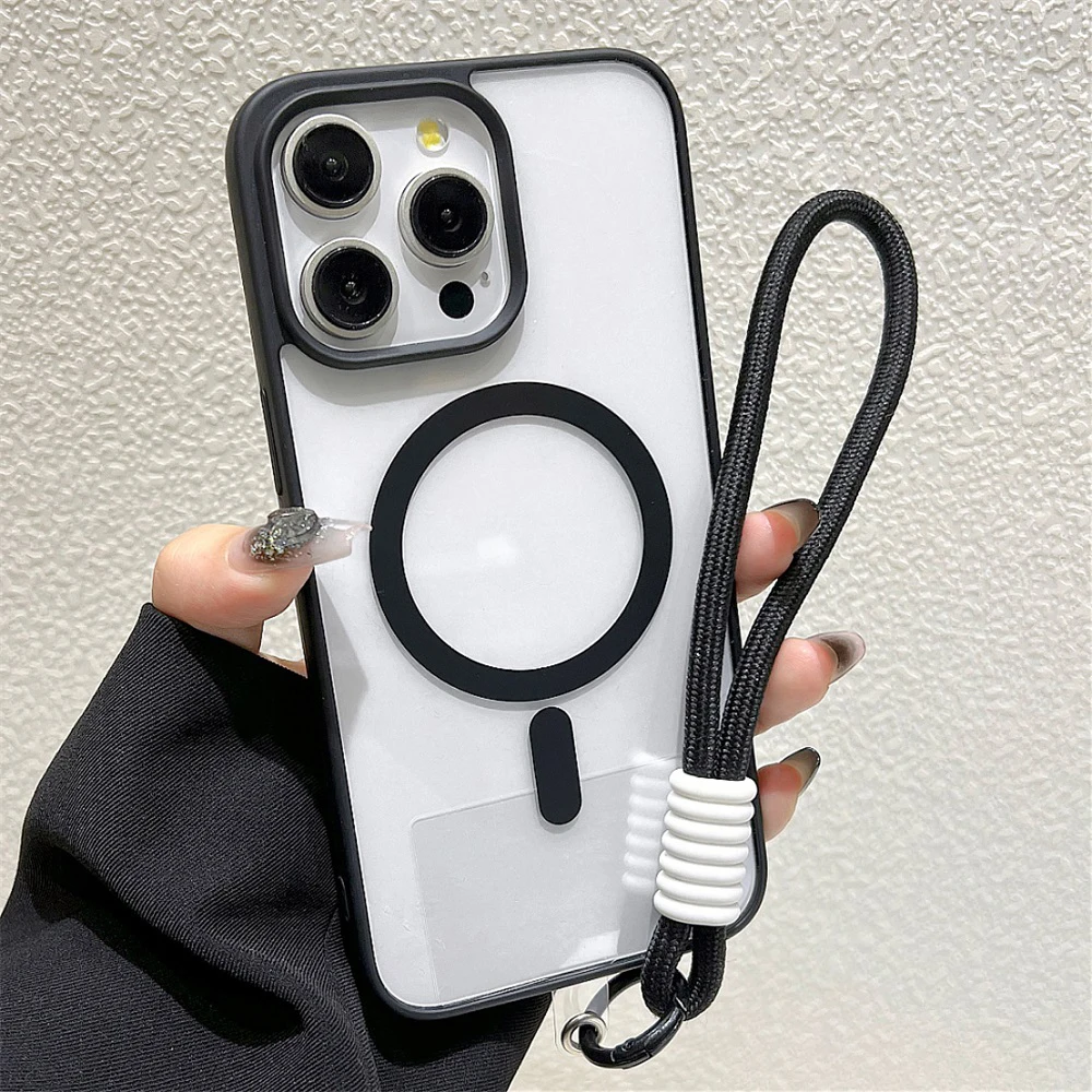 Funda de teléfono magnética de lujo para iPhone 17 Pro Max 16 13 11 15 14 12 17promax, Funda acrílica mate a prueba de golpes con cordón - imagen 2