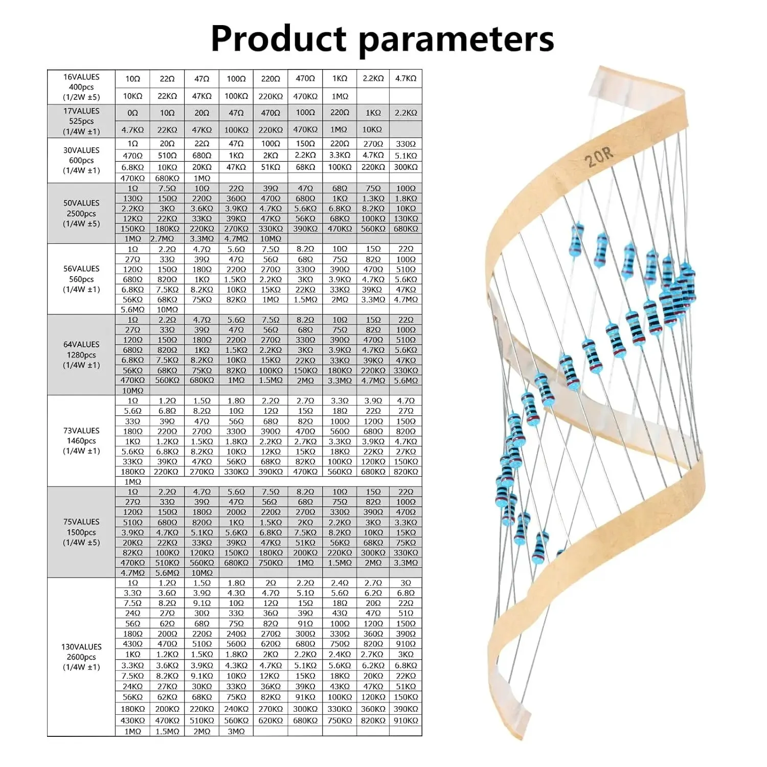 Kit surtido de resistencias de película metálica de 600 piezas, 30 valores, resistencia de película metálica, 1/4W, 1ohm-10Mohm, tolerancia de 1% - imagen 3