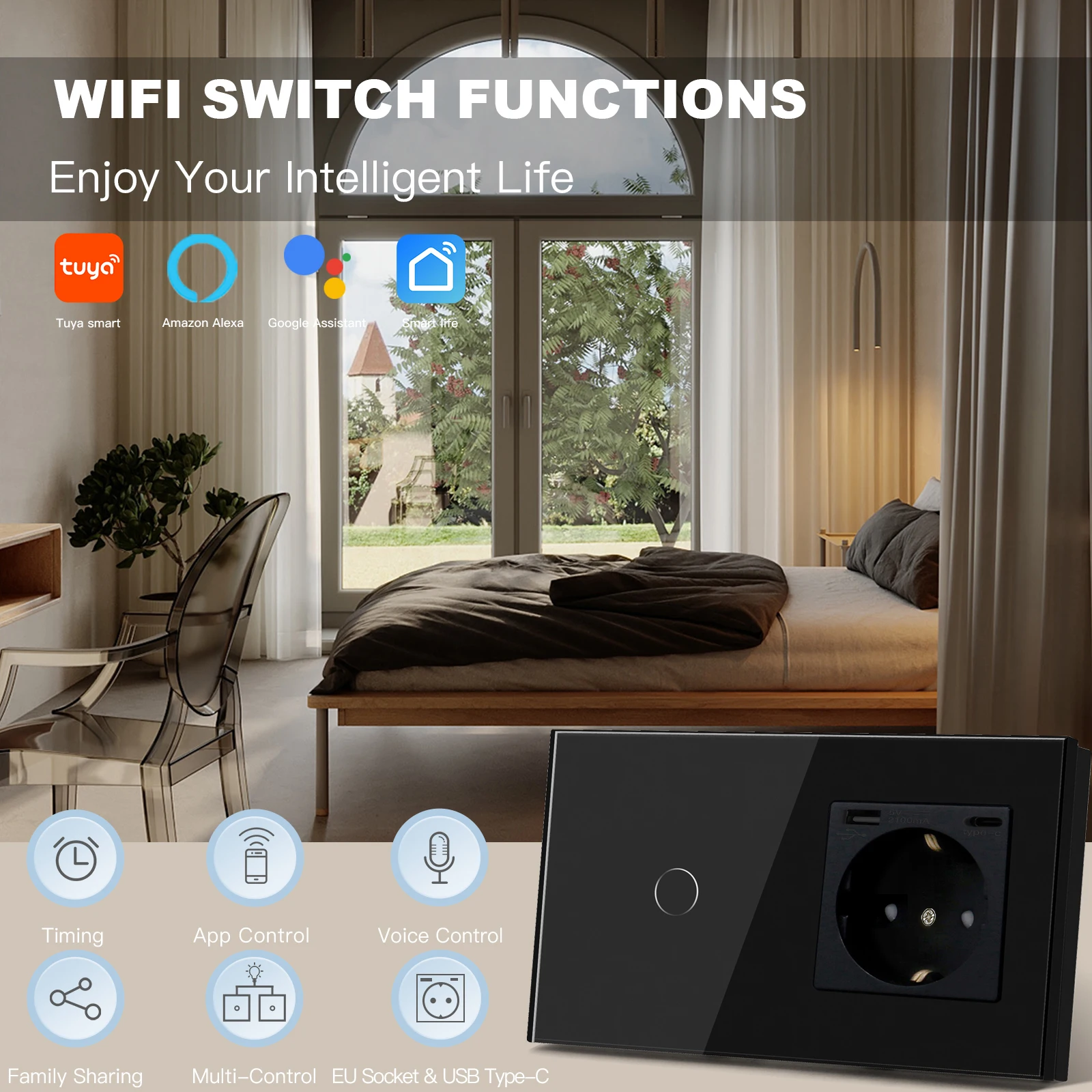 BSEED 1/2/3Gang Wifi interruptores táctiles de pared interruptor inteligente de 2/3 vías con 20W tipo C USB enchufe de la UE compatible con Tuya Smart Life Google Alexa - imagen 3