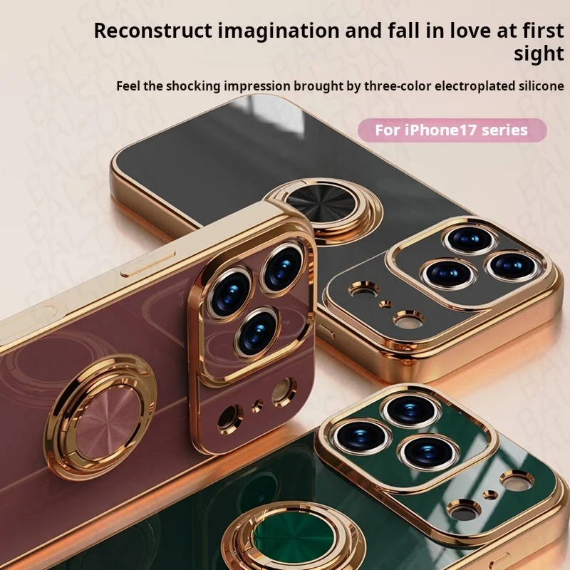 Funda suave con soporte de anillo de Metal de lujo para iPhone 17 Air 16 E 15 14 13 12 Mini 11 Pro Xs Max SE XR Plus, funda de silicona chapada - imagen 3
