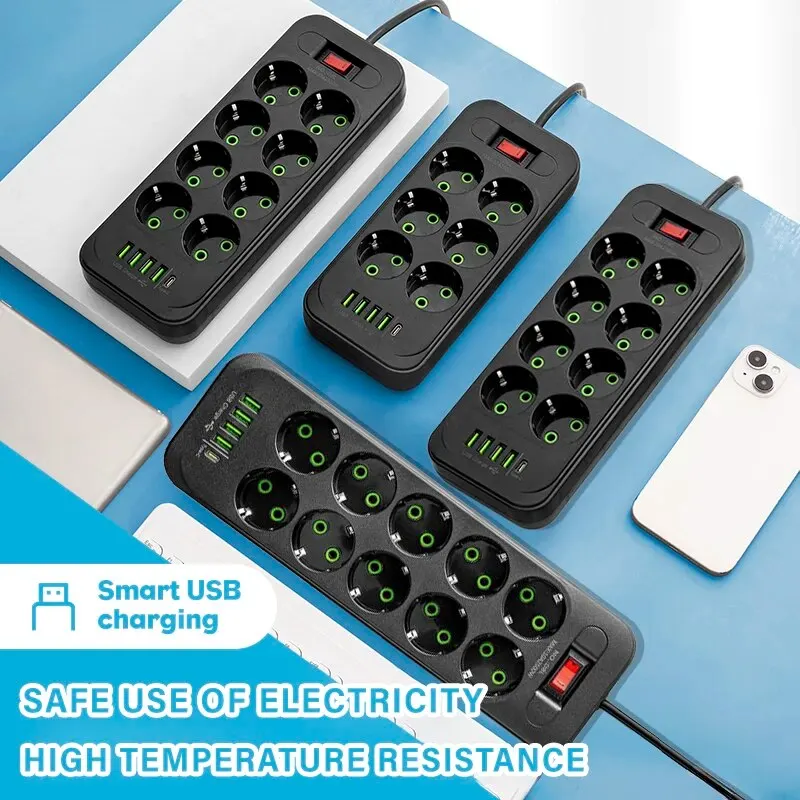 Regleta de corriente alterna con enchufe europeo, cable de extensión multitoque, enchufe eléctrico con 4 puertos USB, carga rápida, filtro de red multifunción - imagen 4