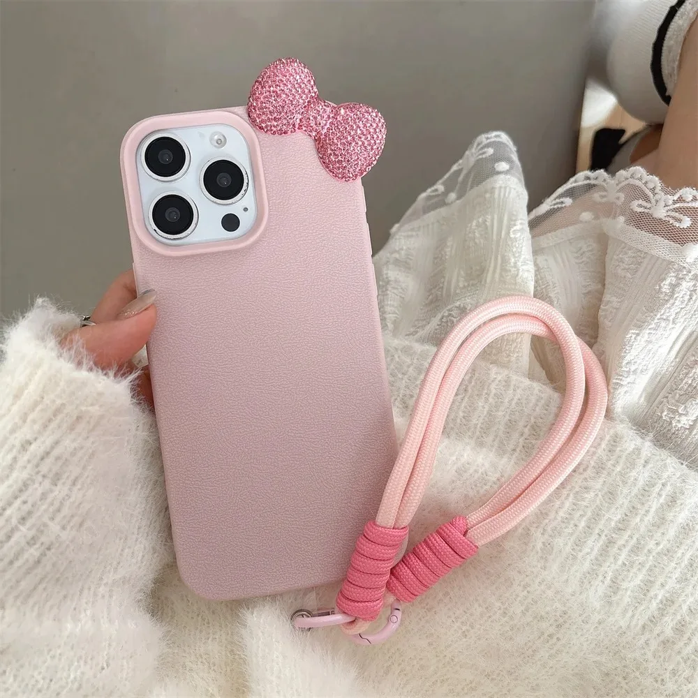 Funda de teléfono suave con patrón de Litchi y lazo de diamantes de imitación 3D para iPhone 11 12 13 14 15 16 Pro Max Plus 16E X XS XR con cubierta de cuerda con cordón - imagen 3