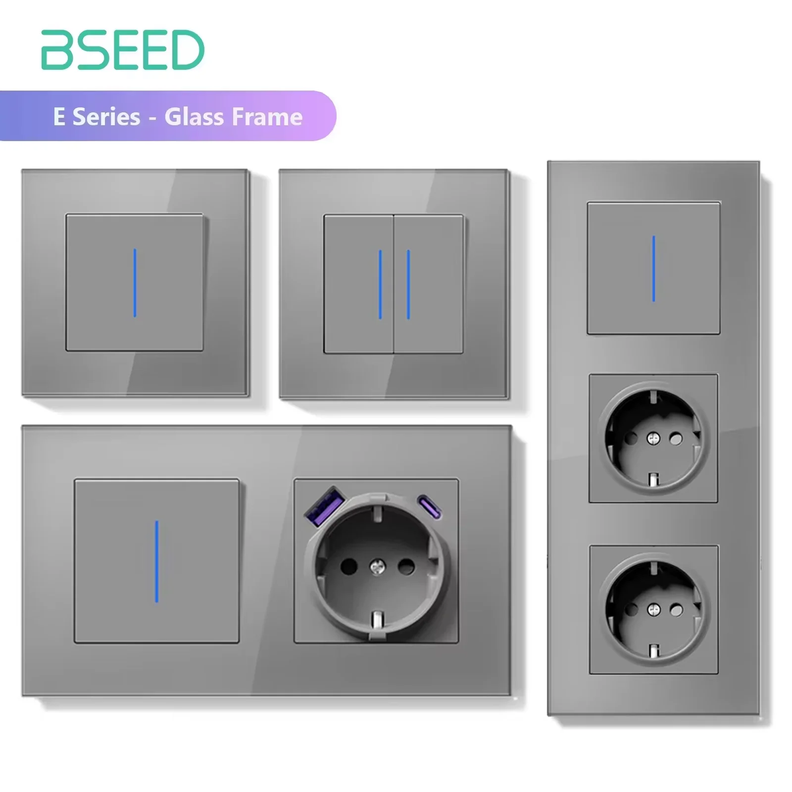 BSEED 1/2 interruptor de luz de pared interruptor de botón mecánico LED de 1 vía con enchufes de la UE potencia USB tipo c tomas de carga marco de vidrio