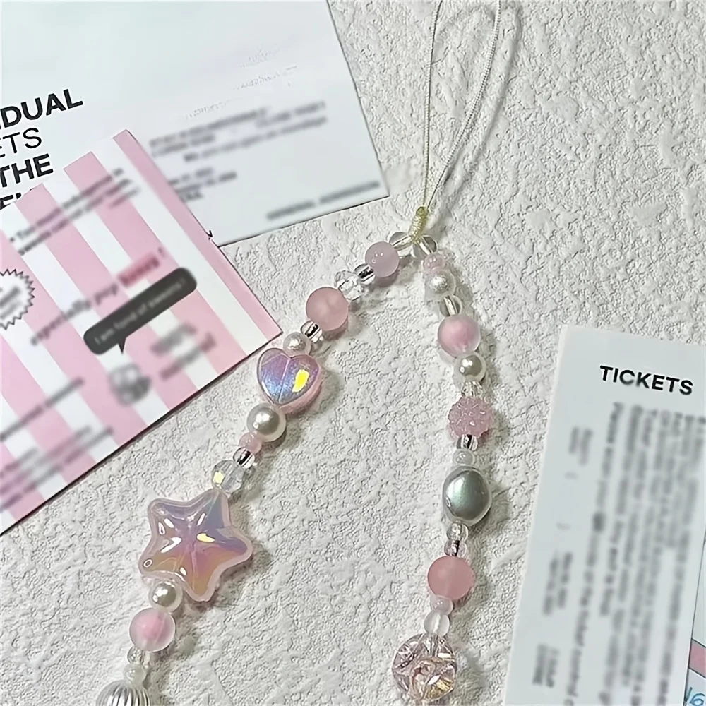 Cordón coreano dulce y bonito con cuentas de corazón y estrella rosa para teléfono, cordón con abalorio para iPhone, Samsung, joyería Universal antipérdida para colgar - imagen 5