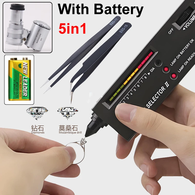 Probador de diamantes, bolígrafo probador de diamantes de alta precisión, joyería, Kit Selector de diamantes profesional + batería + lupa 60x + pinzas