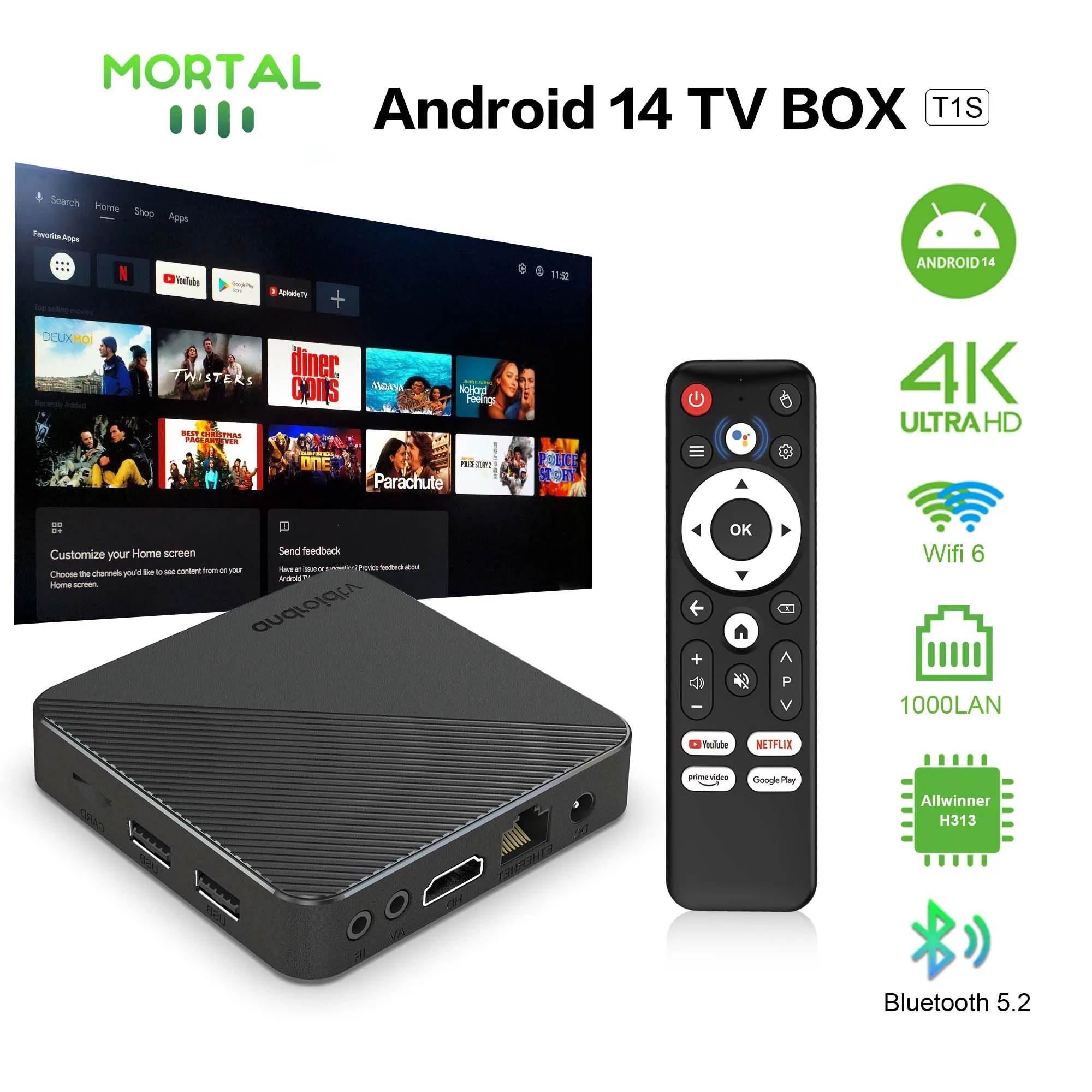 TV Box con sistema de cine en casa inteligente Android 14 T1S, chip AllwinnerH313, cuatro núcleos, Wifi6, 1000 M LAN, Bluetooth, reproductor multimedia en streaming Chromecast