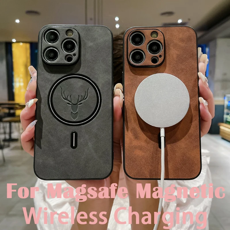 Funda de cuero de ciervo PU de lujo para iPhone 16 Pro Max 15 14 13 12 11 Pro Max 15Pro 14Pro 13Pro para funda trasera de carga inalámbrica Magsafe - imagen 2