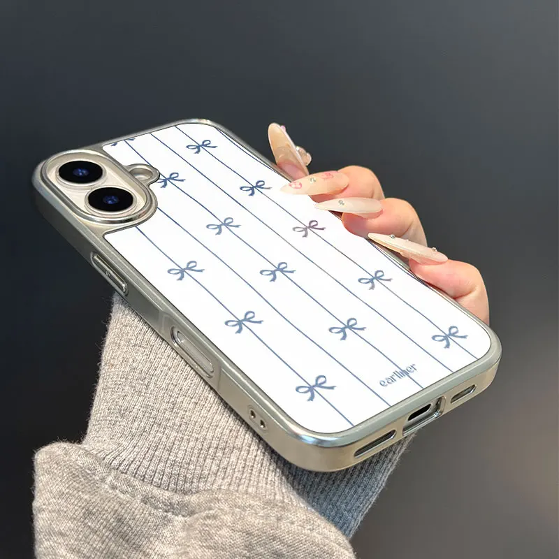 Funda de teléfono anticaída de TPU epoxi con borde plateado y lazo azul ins para iPhone XR/11/12/13/14/15/16/17 Pro Max - imagen 3