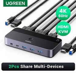UGREEN-conmutador KVM 4K @ 60Hz HDMI, USB 3,0, 2 piezas, compartir 1 Monitor, impresora, teclado, ratón, compatible con 3D ,HDR Vision