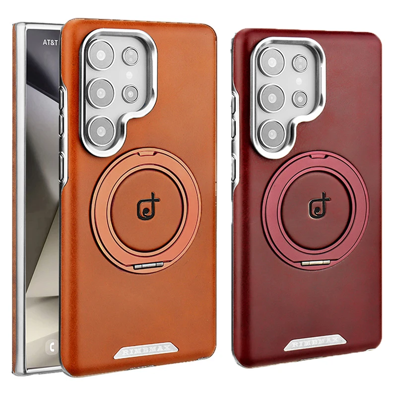 Para Magsafe Magnético 360 ° Funda de teléfono de cuero con anillo de soporte giratorio para coche, cubierta trasera de parachoques para Samsung S25 Ultra S23 S24 Ultra Plus - imagen 2