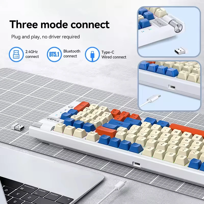 Teclado mecánico ergonómico para ordenador Bluetooth, teclado mecánico RGB de 97 teclas intercambiable en caliente, inalámbrico, recargable, para juegos y PC - imagen 4