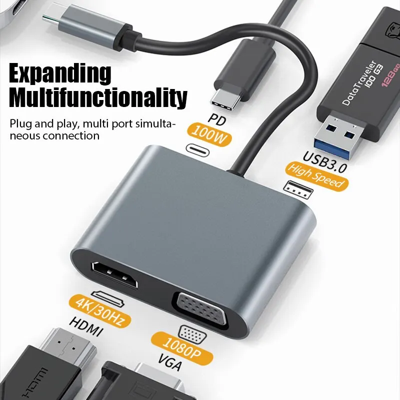 Concentrador de red USB tipo C 3,0, Adaptador 4 en 1 a 4K, HDMI, HDTV, VGA, USB 3,0, PD, divisor de carga rápida para MacBook, Notebook, ordenador portátil - imagen 4