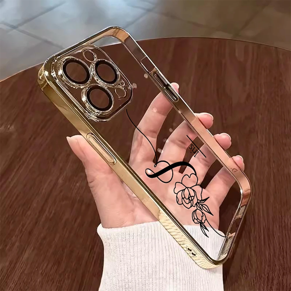Funda personalizada con diseño de flores y nombre DIY, funda de TPU chapada transparente suave para iPhone 16 15 14 13 12 11 Pro Max - imagen 4