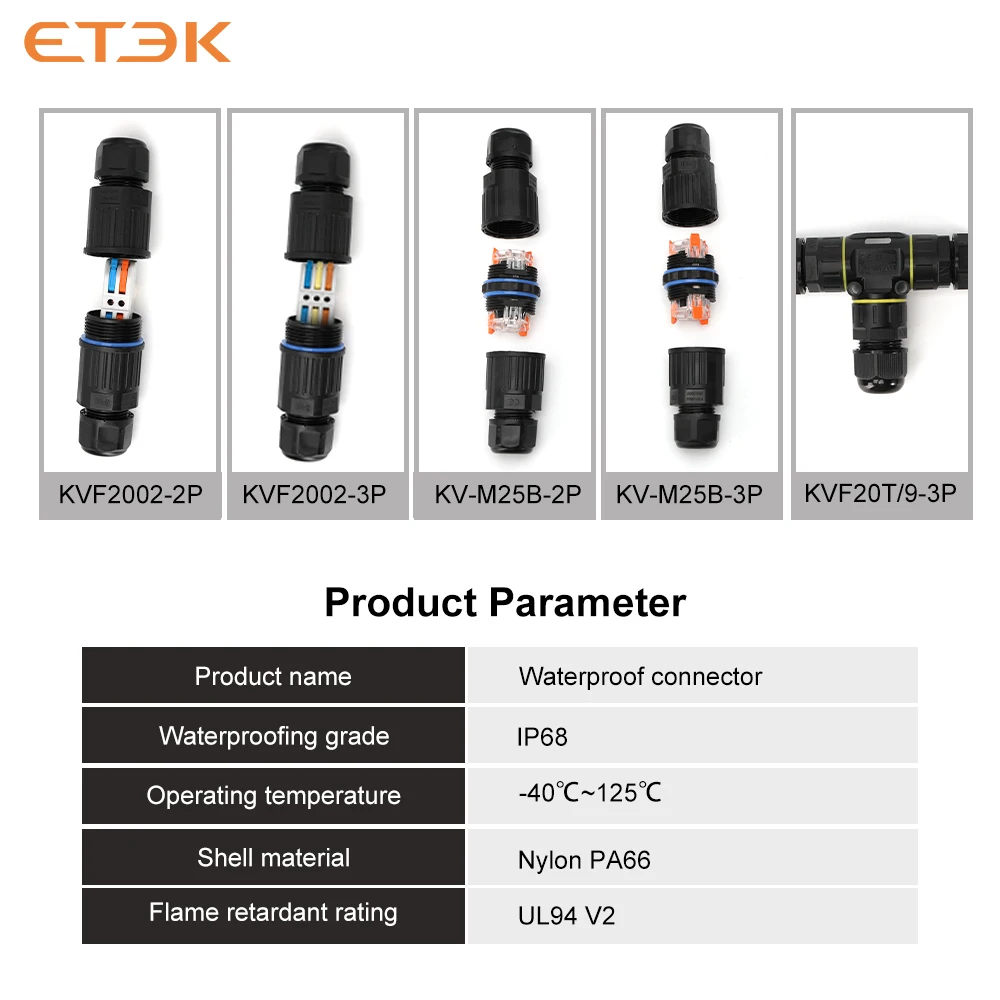 ETEK IP68 Terminal impermeable para exteriores, conector rápido de cable conector impermeable, conector impermeable, LED sin soldadura de 2/3 núcleos - imagen 3