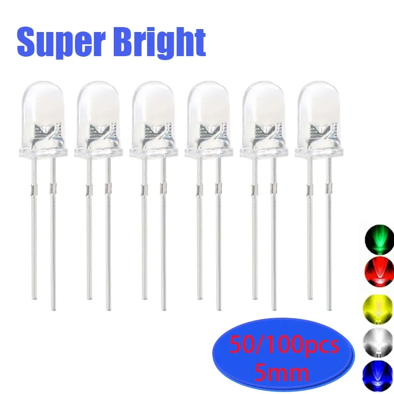 50/100 Uds Ultra brillante F5 5MM Kit de diodos LED transparentes blanco naranja rojo amarillo azul verde Kit surtido de diodos emisores de luz