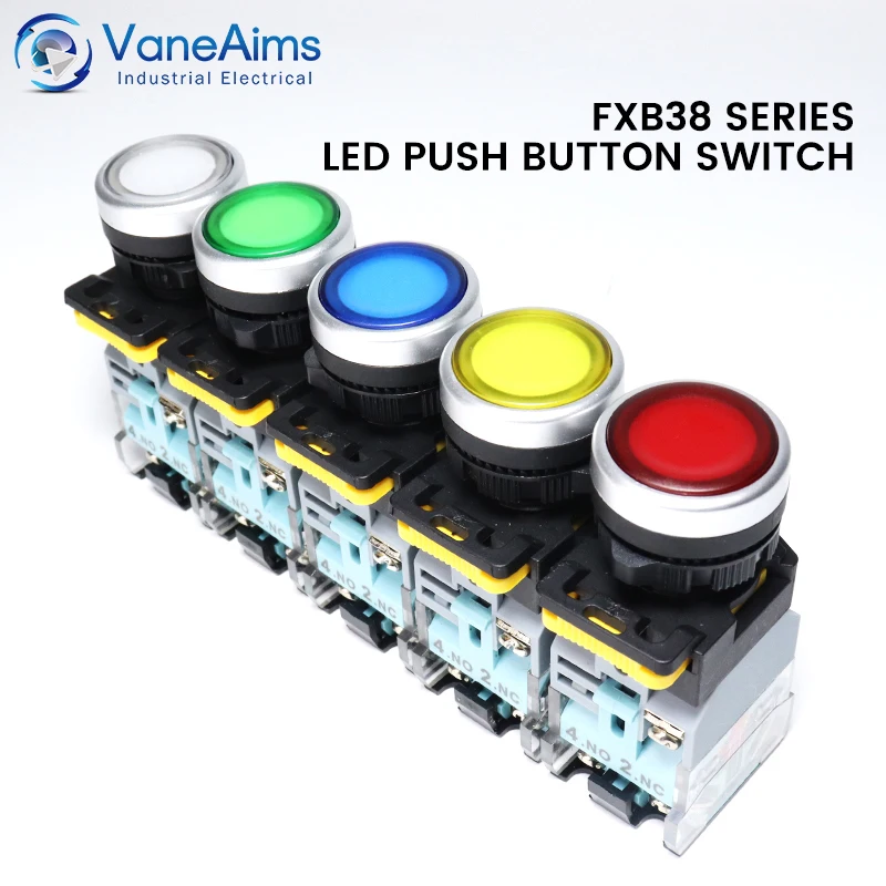 VaneAims 22MM FXB38 interruptor de botón de luz LED de plástico 10A 12V 220V interruptor de encendido/apagado de enganche momentáneo con contacto plateado