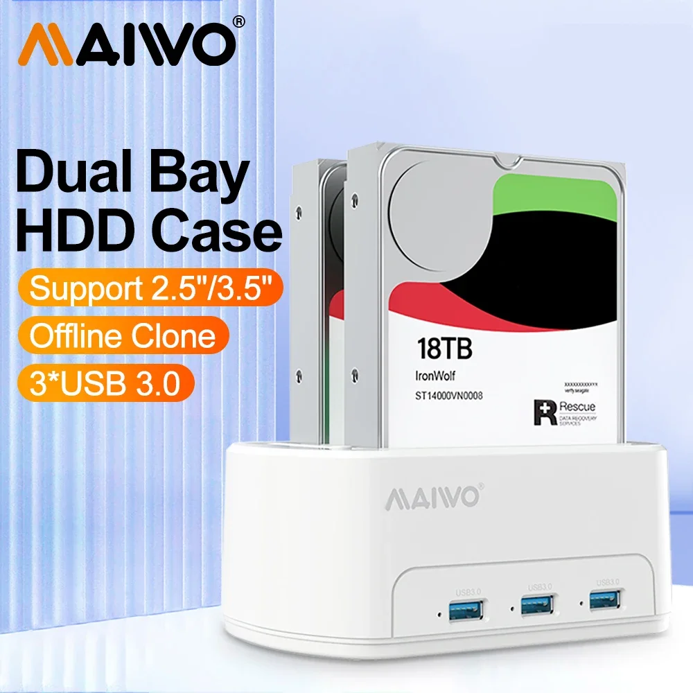 MAIWO-estación de acoplamiento de disco duro de doble bahía, USB 3,0 a SATA, 2,5/3,5 pulgadas, SSD, HDD, carcasa de disco duro externo con Clon