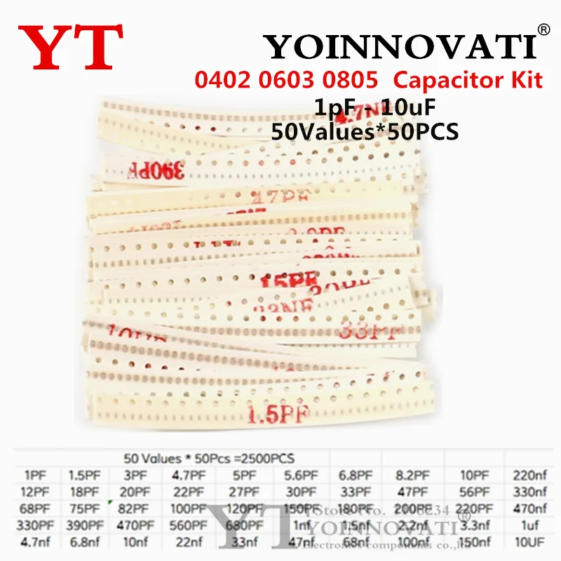 2500 Uds 0402 0603 0805 SMD Kit surtido de condensadores cerámicos 50 valores 1PF - 10UF 100PF 10NF 100NF 0,47 UF 1 UF