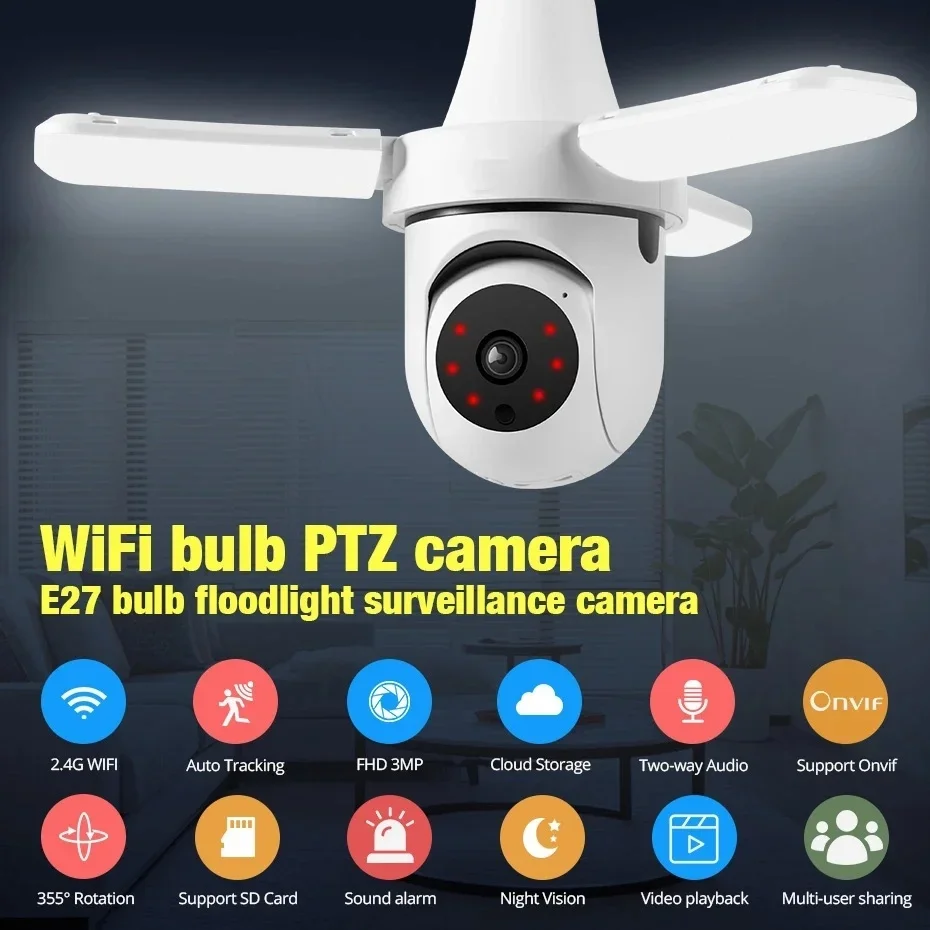 Cámara IP PTZ WiFi 2,4G, vigilancia de seguridad para el hogar interior, seguimiento AI inalámbrico, luces LED cámara con bombilla E27 - imagen 2