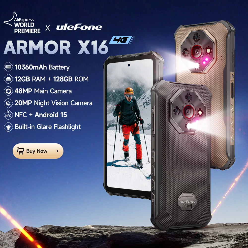 【Estreno mundial】Teléfono robusto Ulefone Armor X16 4G, batería de 10360 mAh, hasta 12 GB de RAM, 128 GB de ROM, 120 Hz, pantalla de 6,56", NFC, Android 15, cámara nocturna