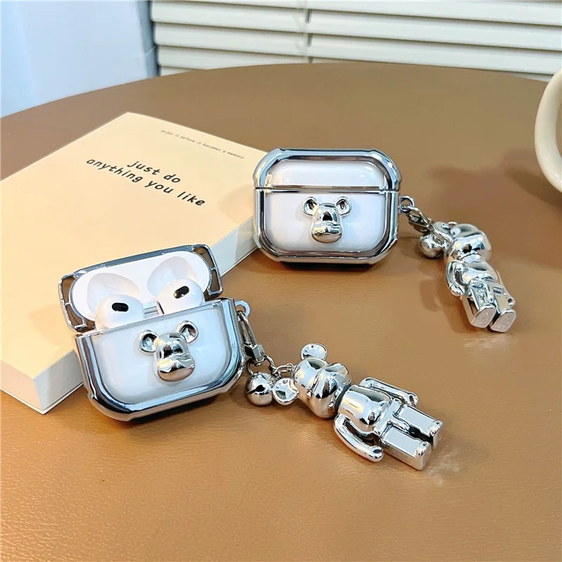 Oso 3D adecuado para AirPods Pro2 Apple Bluetooth funda para auriculares inalámbricos 3 plateado transparente 2 funda protectora - imagen 2