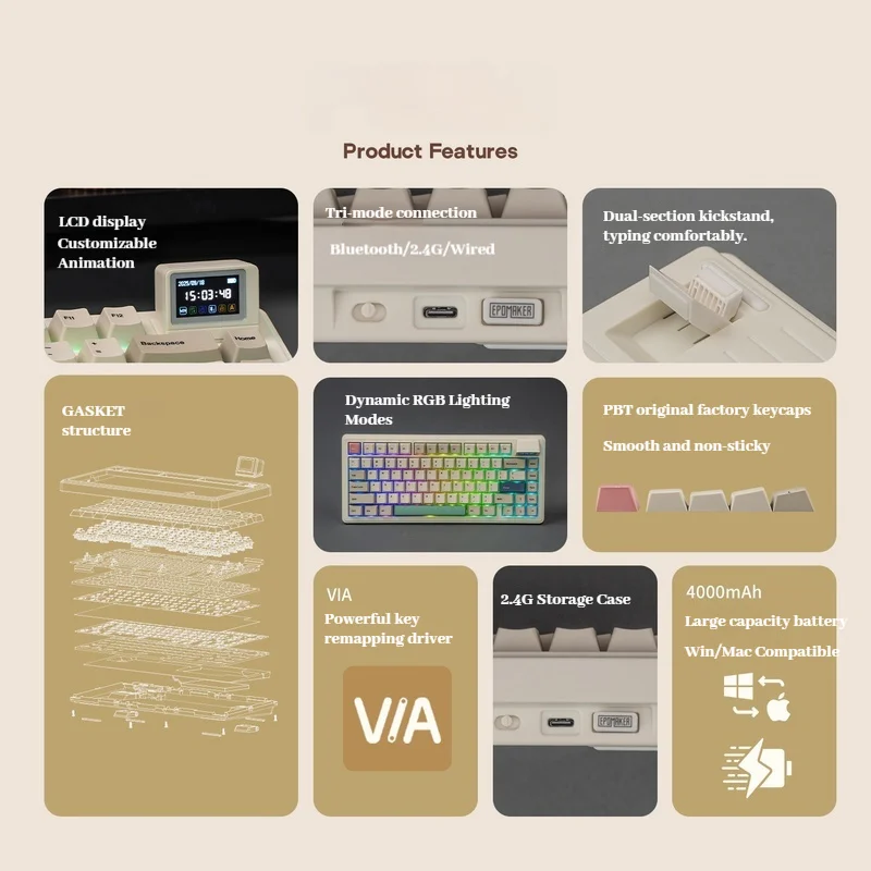 Teclado mecánico Epomaker Rt82, pantalla de modo Thri, estructura de puerta de enlace Rgb, animación personalizada, teclado personalizado con enchufe caliente - imagen 2