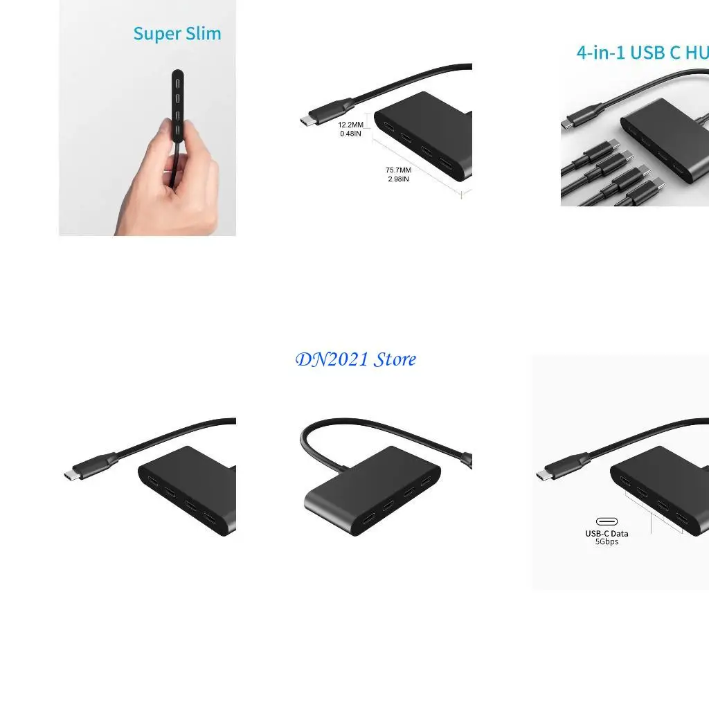 F3KE USB C HUB Adaptador 4 Puertos Adaptador TypeC Adaptador Aleación aluminio transferencia velocidad