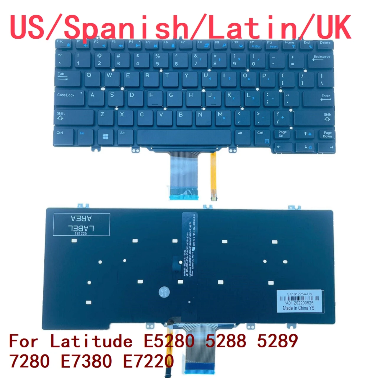 Nuevo teclado retroiluminado para ordenador portátil EE. UU., español, latino, Reino Unido, para Dell Latitude E5280 5288 5289 7280 E7380 E7220 0GDRR0