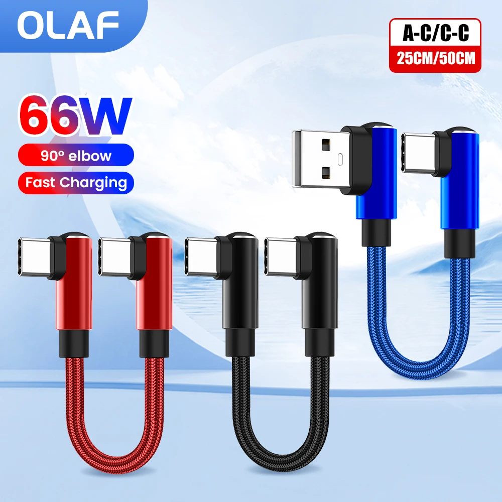 Cable Corto 66W 0,5M 90 °   Cable codo tipo C a USB C de carga rápida para iPhone 16 15 Power BanK 0,25 M Cable de datos USB A a tipo C