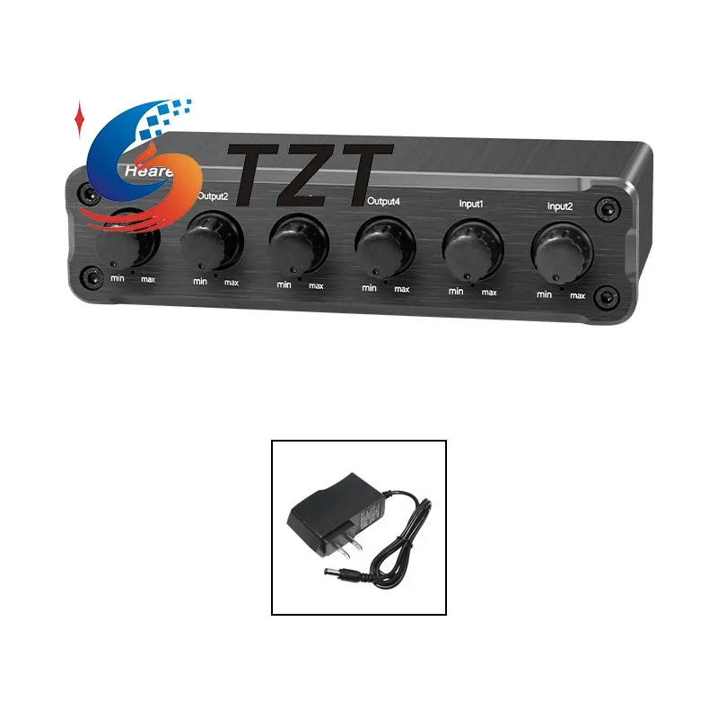 TZT Heareal F3 Divisor de señal de audio 2 entradas 4 salidas Mezclador de audio estéreo de baja distorsión DC12V