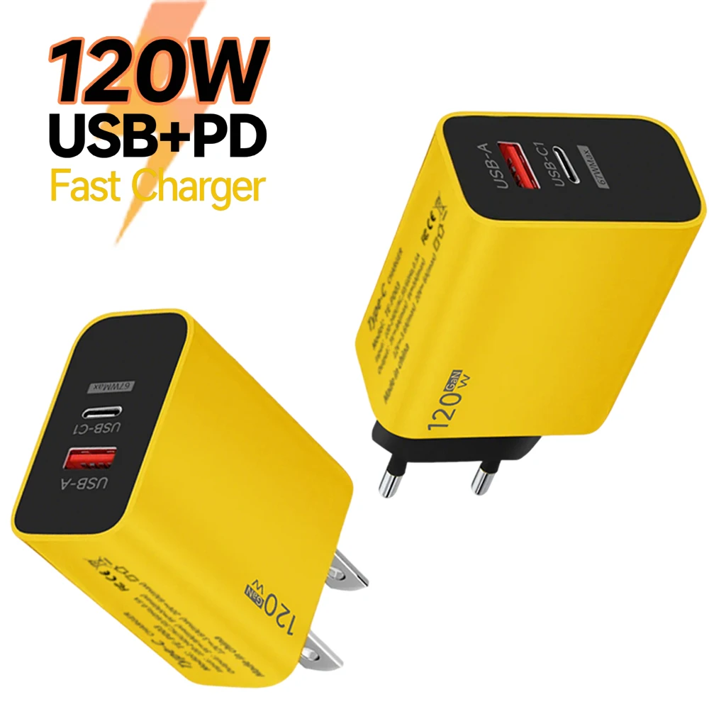Cargador de carga rápida tipo C GaN de 120W, adaptador de cargador de 2 puertos para iPhone16 Pro Max, Samsung, Huawei, Xiaomi, cargador rápido con enchufe UE/EE. UU.