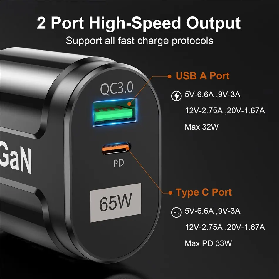 USLION 65W GaN USB C Charger Quick Charge Korea EU US Plug PD USB-C TypeC Fast USB Charger For iPhone 14 Xiaomi Samsung Macbook - imagen 3