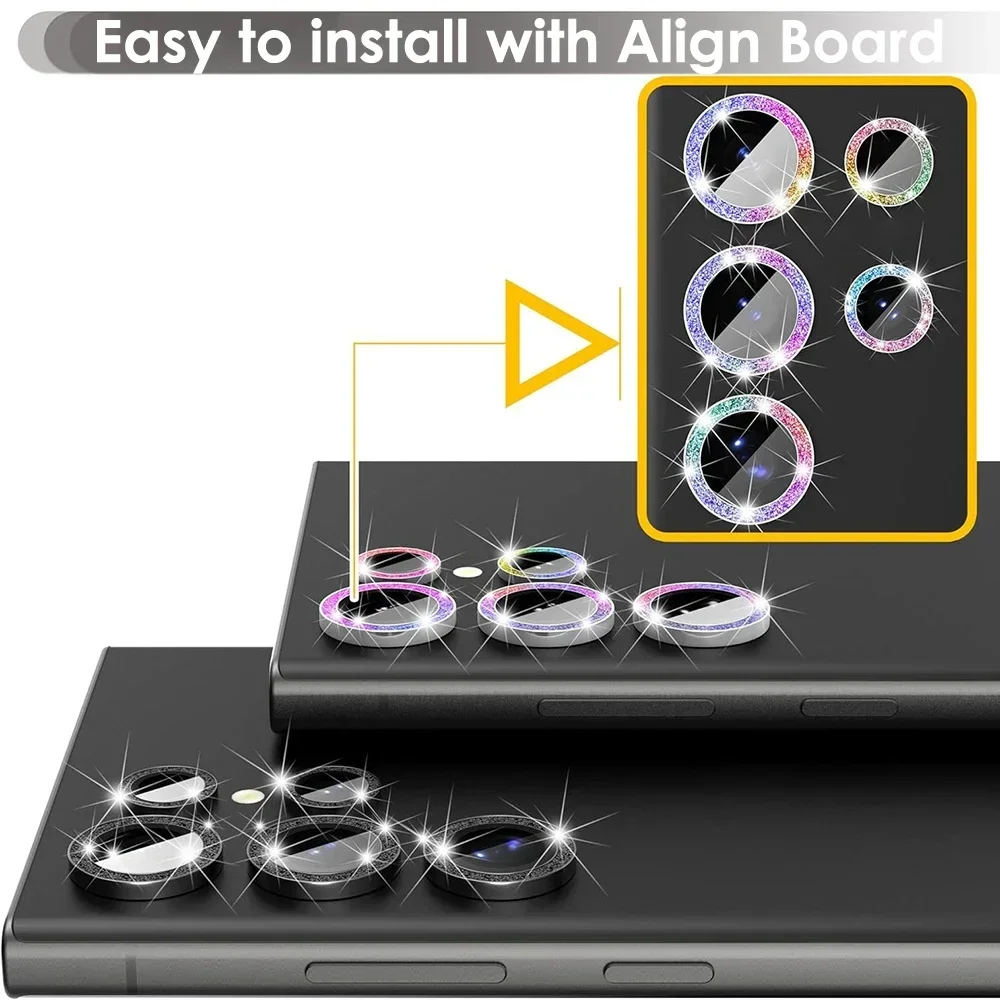 Para Samsung S25 Ultra S23 S22 S24 Ultra Protector de lente de cámara brillo Bling anillo de aleación de aluminio Individual con tablero de alineación