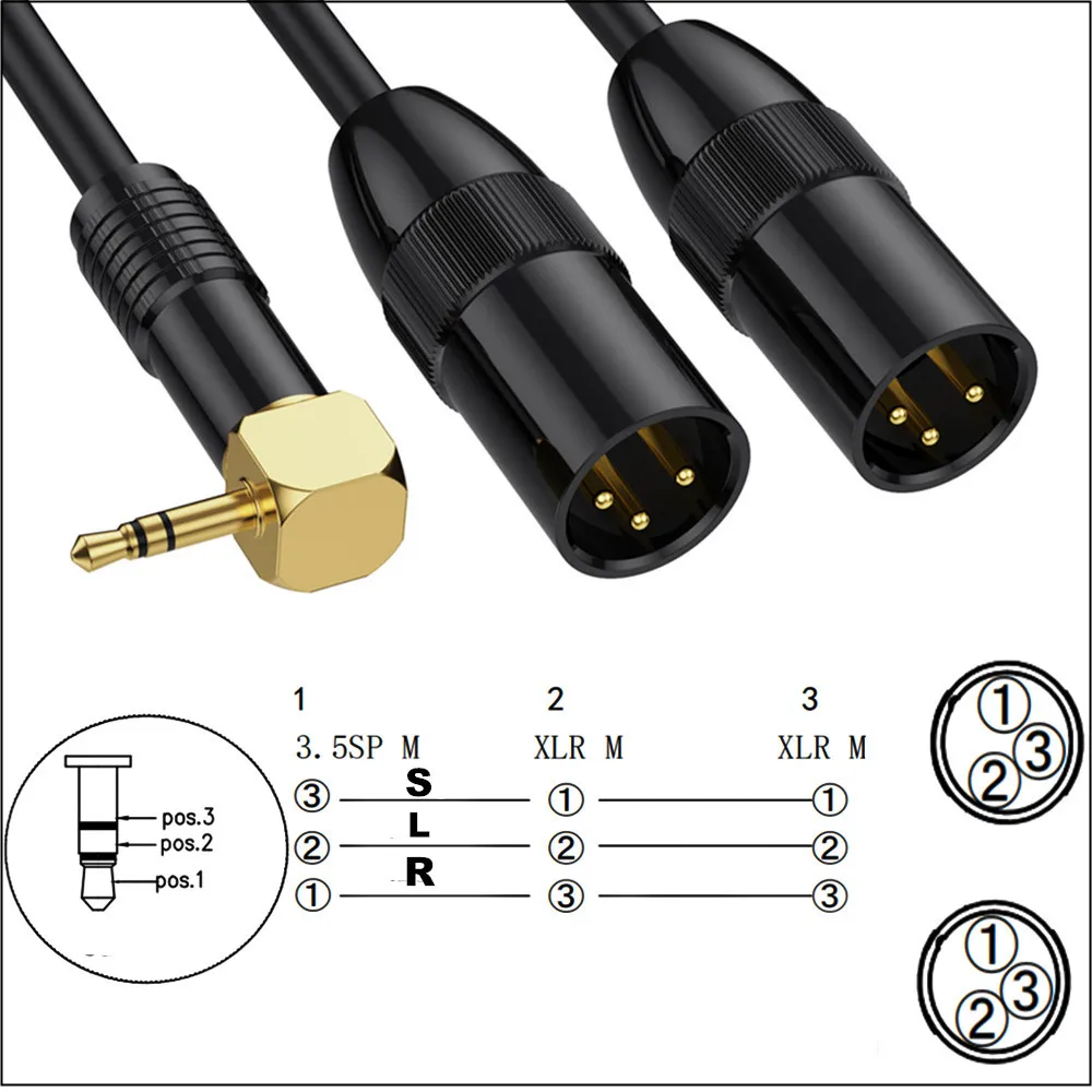 Cables divisores XLR a 90 grados de 3,5 mm, TRS estéreo macho a dos cables de micrófono de audio de interconexión macho XLR, adaptador divisor en Y - imagen 2